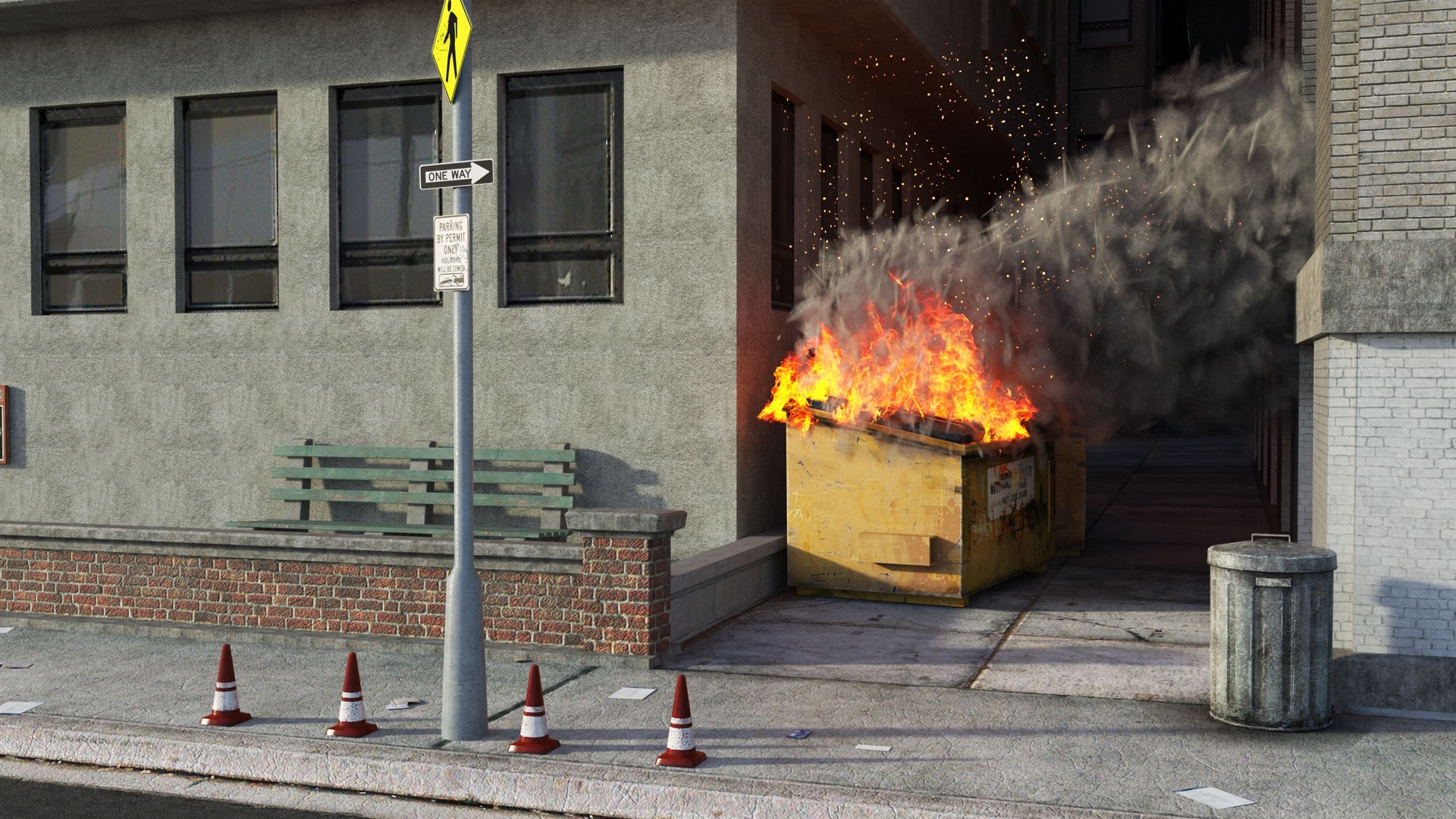 Burning rubbish bin in city